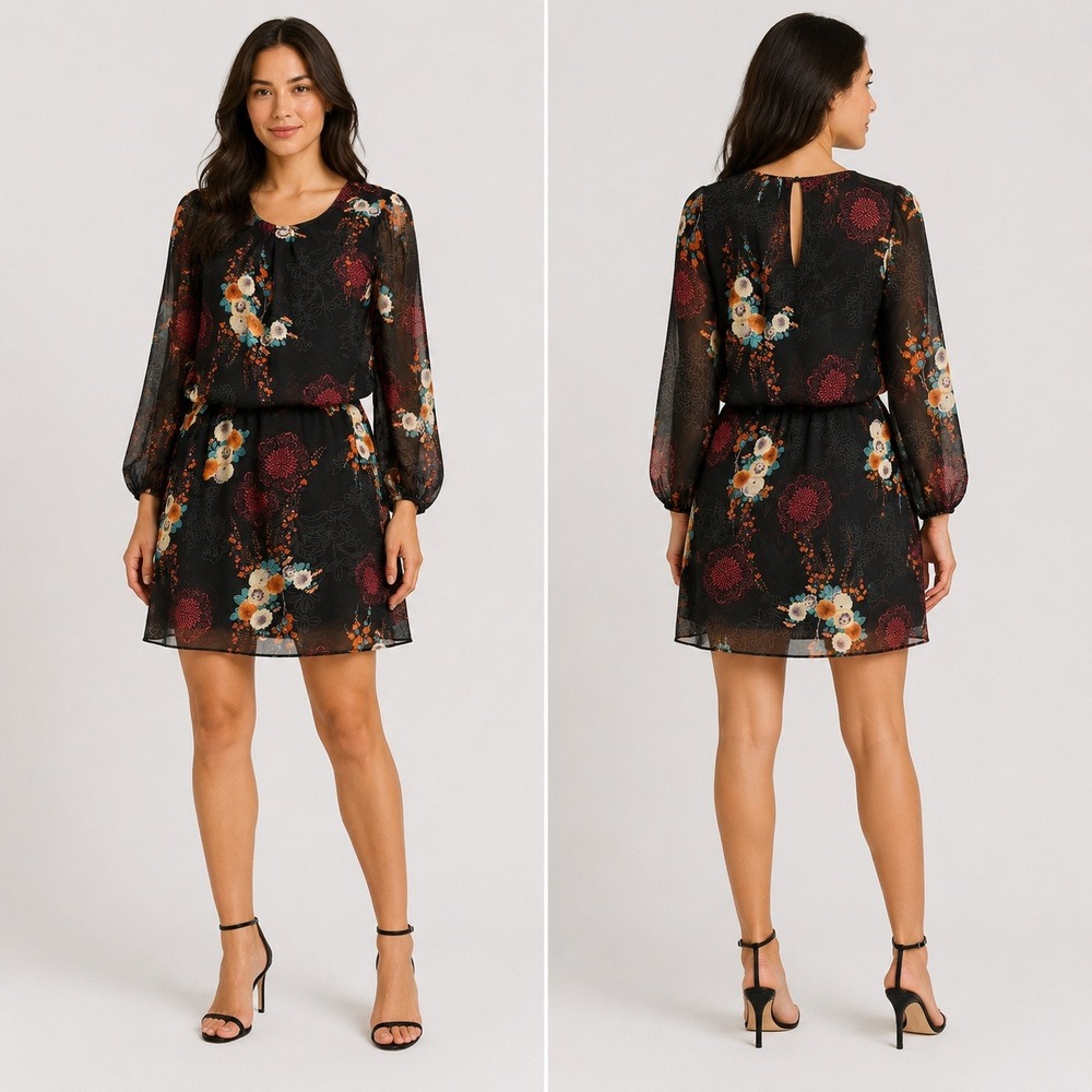 American Rag Floral Chiffon Blouson Dress Black Orange Blue Small 3/4‎ Sleeve